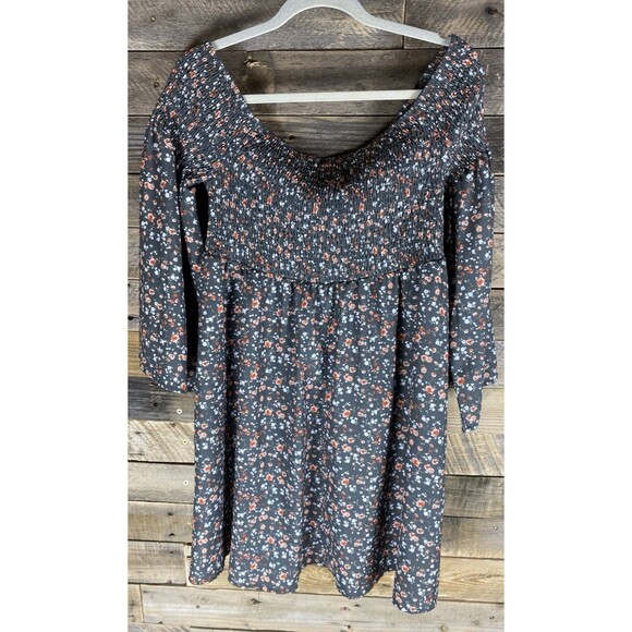 Oneyim Women's 30" Stretchy Bust Green Flowered Off Shoulder Long Sleeve Dress - Picture 7 of 11